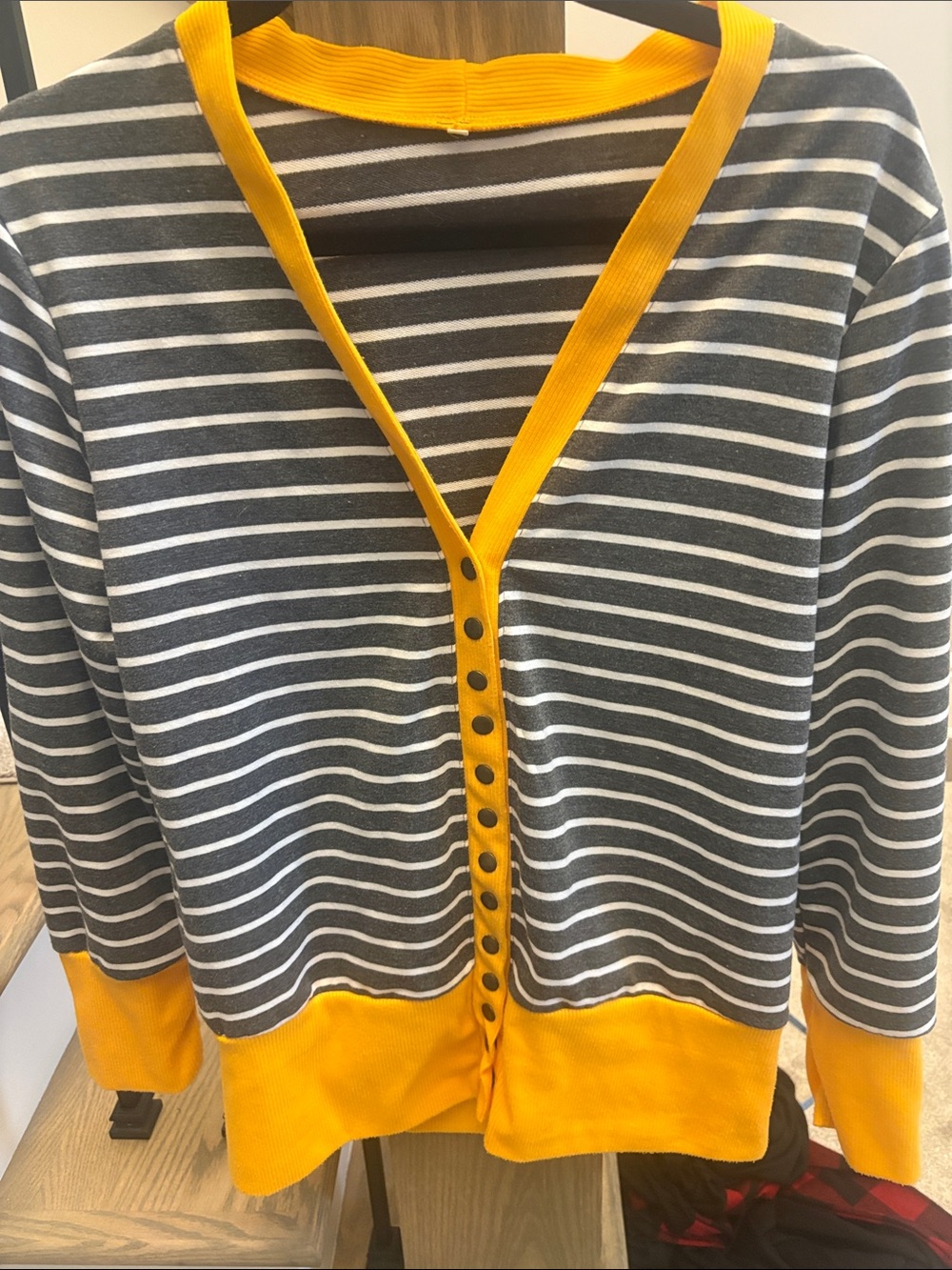 Gray & Yellow Striped Button-Front Cardigan Sweater
